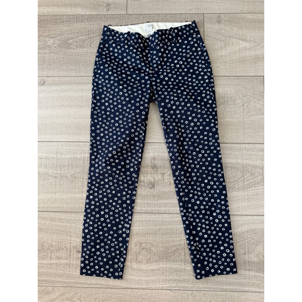J. Crew Navy White Floral Ankle Pants Womens Size 0 Cotton Stretch Slim Trousers